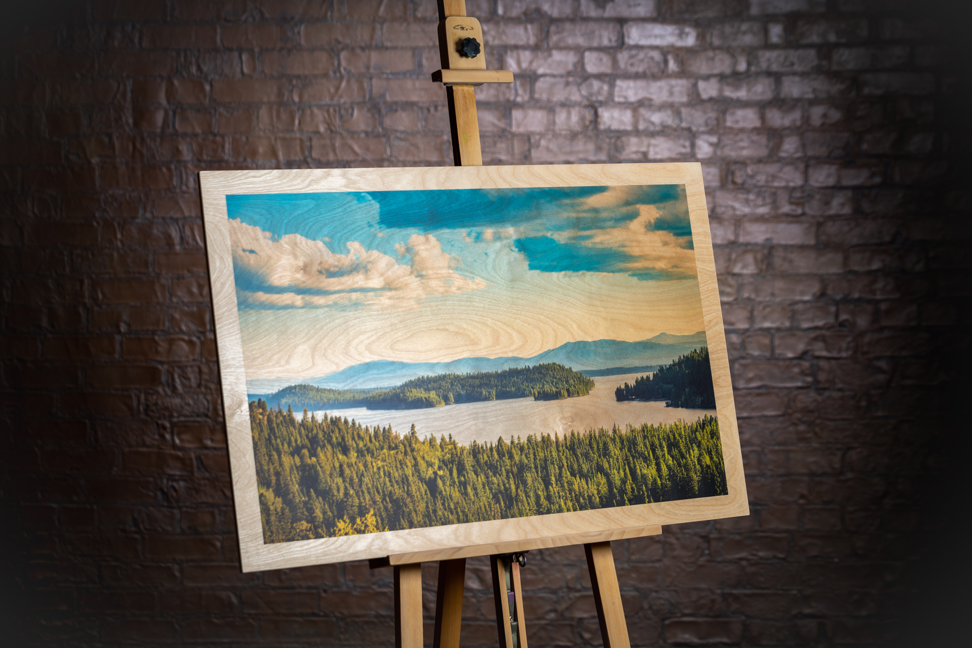 wood print of Payette Lake in the mountain town of McCall, Idaho
