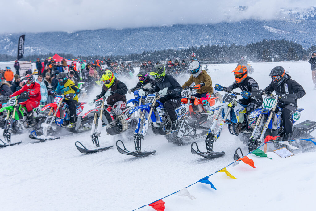 Snow bike racers lined up at the winter event in Cascade, Idaho.